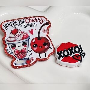 Acrylic Flatback Focal Bead Love Food XOXO‎ Valentine Badge Crafts Cherry Sundae